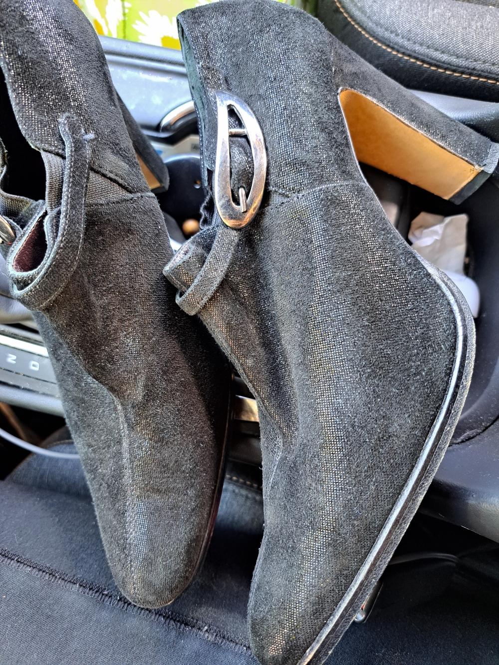 Italian Black Suede Block Heel Ankle Boots with Buckle